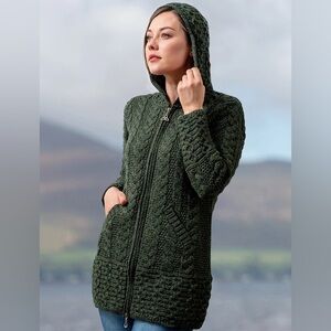 Aran Crafts Merino Wool Hooded Full Zip Coat Celtic Knot Zipper Dark Green XL